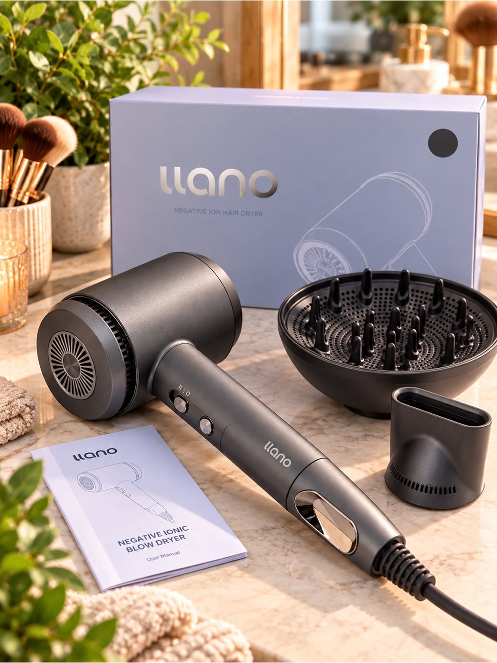 llano Negative Ionic Hair Dryer 1500W w/ Diffuser & Concentrator